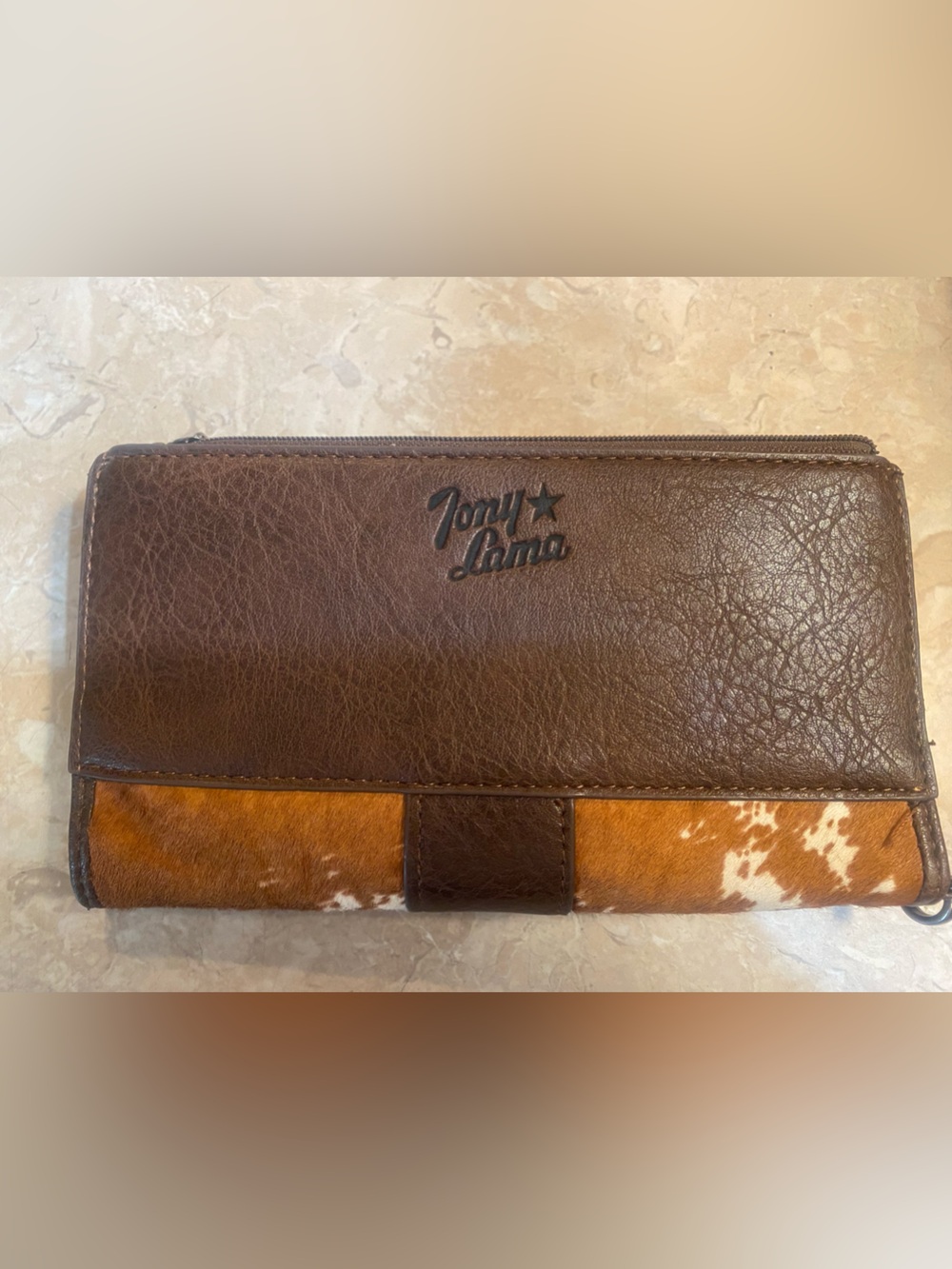 Tony Lama Brown and White Cowhide Wallet with Turquoise Accent - Picture 2 of 4
